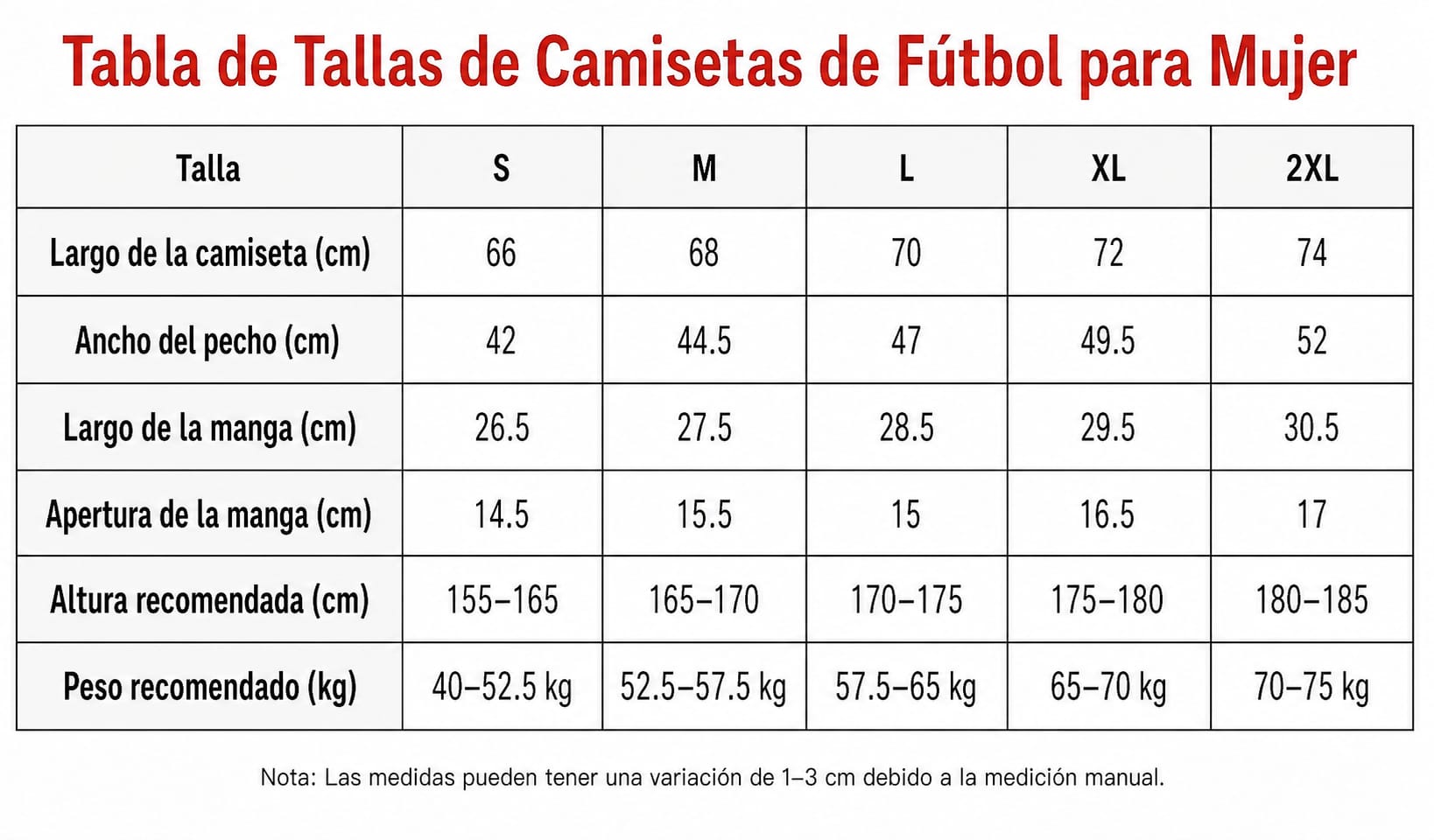 Tabla tallas camisetas mujer